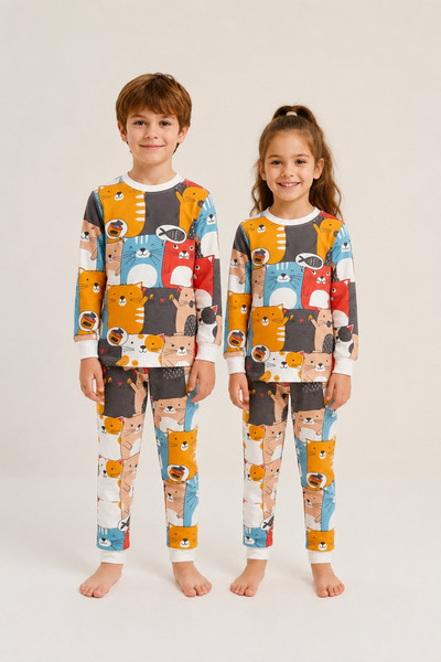 Little D&E Unisex %100 Pamuk Kedi Desenli Çocuk Pijama Takımı | Yumuşacık ve ...