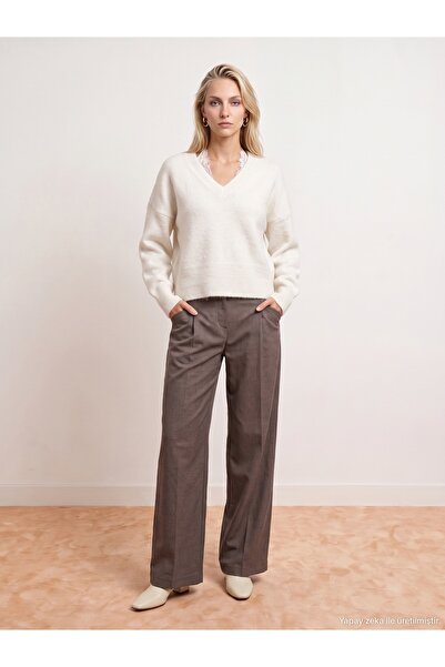 Dilvin 72791 Wide-Leg Pleated Cotton Trousers-Brown