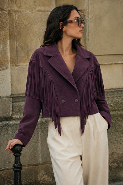 ASEDE Woven Suede Tassel Crop Jacket – Western Cowboy Style Double-Breasted B...