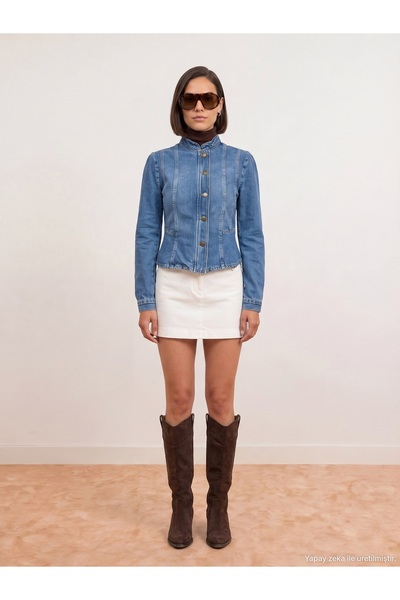Dilvin 65397 Jachetă din denim cu volane, 100% bumbac, albastru