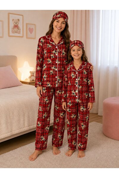 Anne-Kız Çocuk Pamuklu Süet Kumaş Kırmızı Ekose Ayıcık Desenli Uyku Bantlı Gömlek Yaka Pijama
