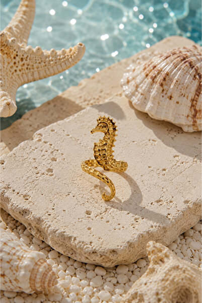 Sylvera House Spiral Steel Ring with Seahorse Figure - Adjustable (Gold Color)