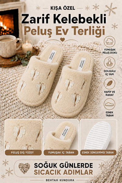 Behtah Kundura Fluffy Silent Sole Butterfly Figured Women's House Slippers Fu...