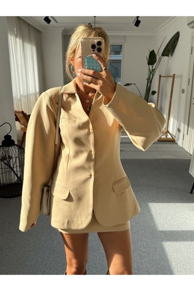 FMN Butik Reverse Stitch Detail Pocket Appearance Design Premium Series Brand Equivalent Lined Blazer Jacket Blouse High Waist Skirt Pinterest Two-Piece Set