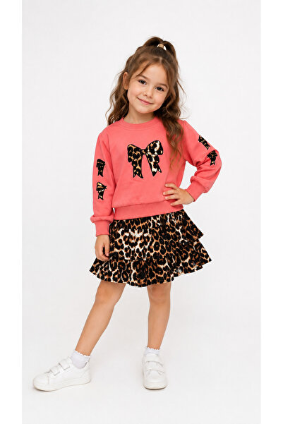 Oz Baby Girl's Leopard Patterned Bowknot Sweatshirt and Layered Skirt 2-Piece...