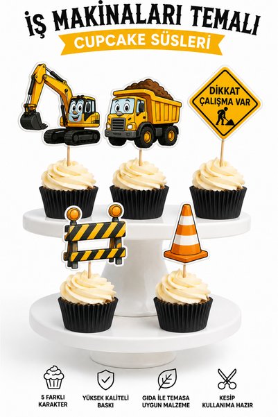 telaşe memuru 10 Adet İş Makinası Temalı Premium Cupcake Süsü - İş Makinası T...