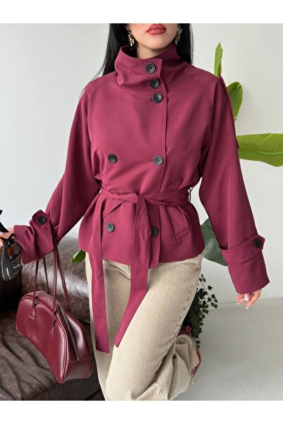 asyadabutik Women's Mock Neck Short Trench Coat