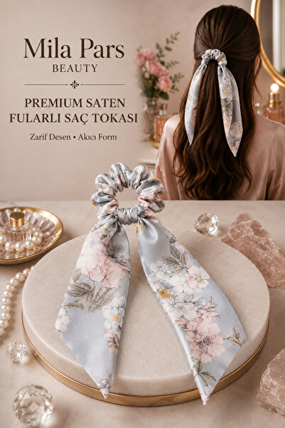 Mila Pars Beauty Premium Saten Fularlı Saç Tokası – Uzun Kuyruklu Çiçek Desen...
