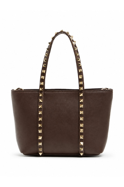Nura Collection Women's Gold Studded Detailed Hand and Shoulder Bag - Brown