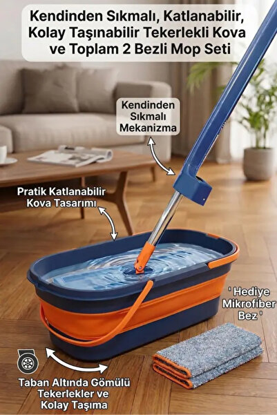 BiDünya Kendinden Sıkmalı Mop Tekerlekli Kovalı 1 Yedek Bez Hediyeli Mop Seti