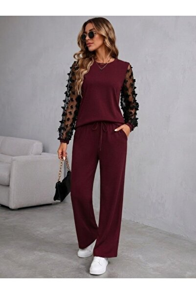 modi Women's Long Sleeve Crew Neck Tulle Viscose Two-Thread Blouse and Trouse...