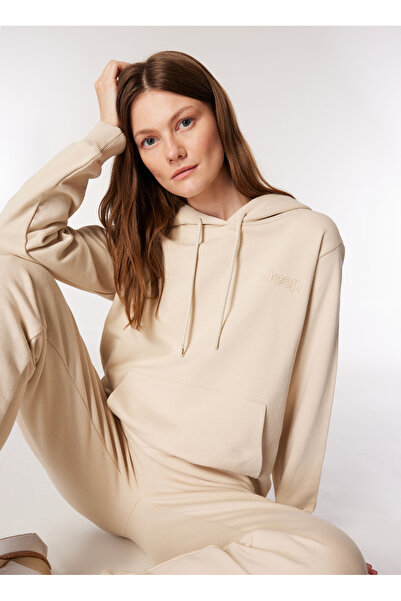 JEEP Beige Women's Hooded Relaxed Fit Printed Cotton Sweatshirt J4WL-SWT7132