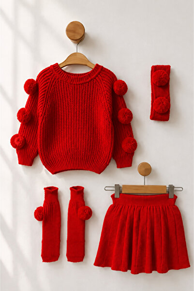 KOKOŞ BEBEK Pompom Detailed 4-Piece Knitwear Set for Girls - Age 2/8 - 31911