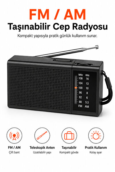 Ayers Taşınabilir Pilli FM/AM Cep Radyosu, Güçlü Çekimli Teleskopik Antenli Ç...
