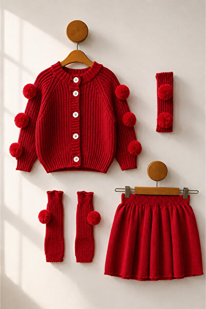 KOKOŞ BEBEK 4-Piece Girls' Set with Pompom Cardigan - Age 2/8 - 31912
