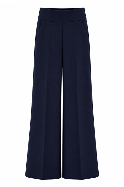 Buket Teke Navy Blue Crepe Fabric Trousers with Waist Corset