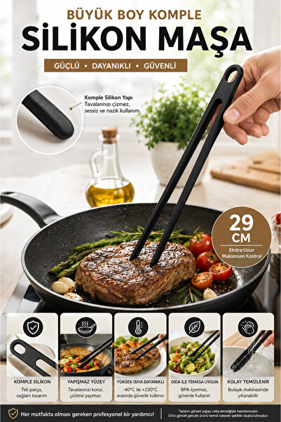 OpenCity 29cm Black Silicone Kitchen Tongs Large Size One-Piece Frying Servin...