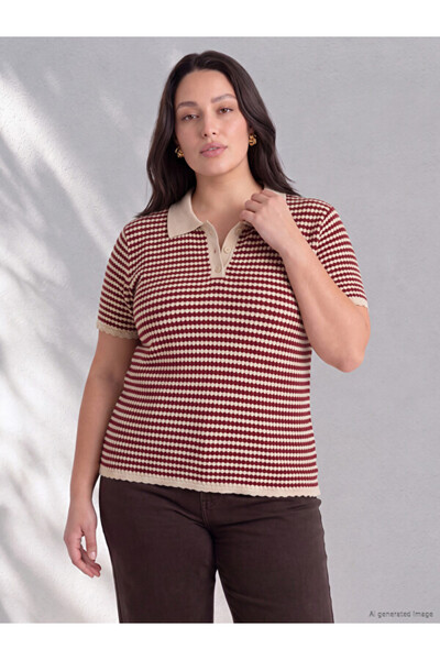 LC Waikiki Plus Size Polo Collar Striped Women's Knitwear Sweater