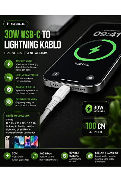 30W Hızlı Şarj USB-C Lightning Kablo 100 cm – X XR 11 12 13 14 Pro Pro Max Şarj ve Data Kablosu