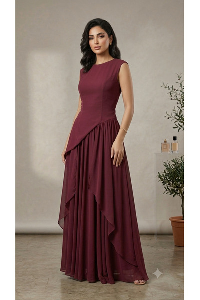 BRATO Burgundy Chiffon Dress with an Asymmetrical Cut and Flowing Layers
