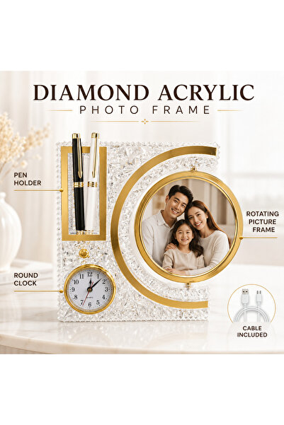 Generic Rotating Diamond Acrylic LED Photo Frame with Clock & Pen Holder – To...