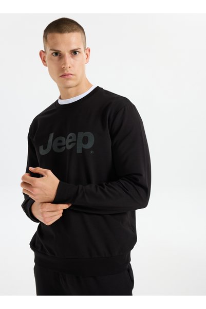 JEEP Men's Black Crew Neck Relaxed Printed Sweatshirt J5WM-SWT7692