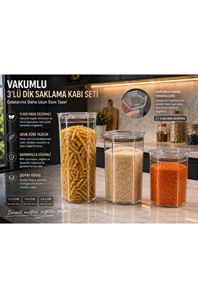 PANORAMA 3’lü Vakumlu Dik Saklama Kabı Seti – Hava Geçirmez Kapaklı, Şeffaf M...