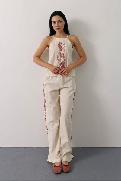 suphias Women's Ecru Bead Embellished Thin Strap Wide Leg Pants Two-Piece Set