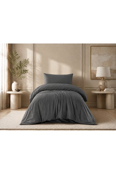 vionetta 100% Cotton 55 Thread Single Duvet Cover Set with Elastic Sheet 3 Pieces Anthracite