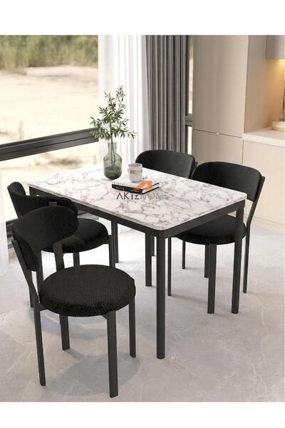 Aktehome Luna 4 Kişilik Mutfak Masa Sandalye Takımı 70x110 cm Siyah Beyaz Mermer