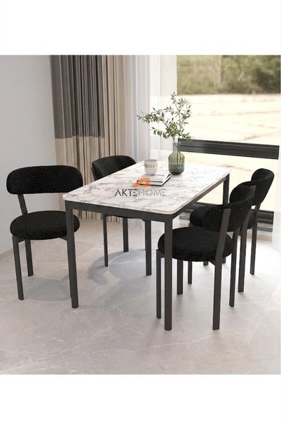 Aktehome Luna 4 Kişilik Mutfak Masa Sandalye Takımı 70x110 cm Siyah Beyaz Mermer