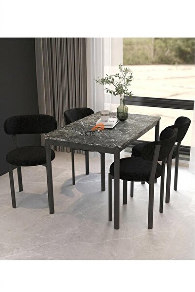 Aktehome Luna 4 Kişilik Mutfak Masa Sandalye Takımı 70x110 cm Siyah Siyah Mermer