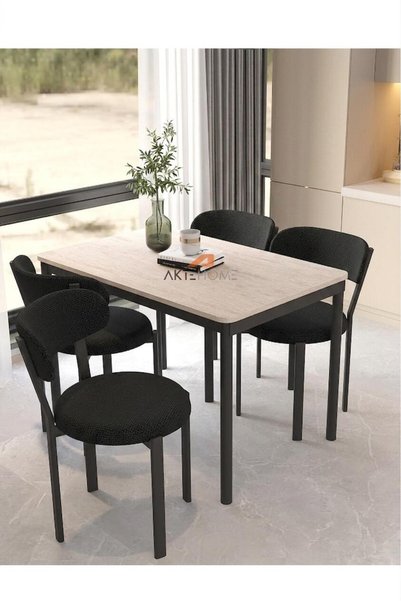 Aktehome Luna 4 Kişilik Mutfak Masa Sandalye Takımı 70x110 cm Siyah Traverten