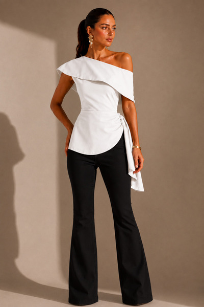 micia Women's White One-Shoulder Stylish Blouse with Asymmetrical Belt and Flounce Detail