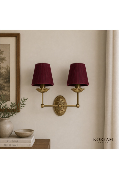 KorFam Electrical Installation Burgundy Linen Fabric Double Headed Sconce