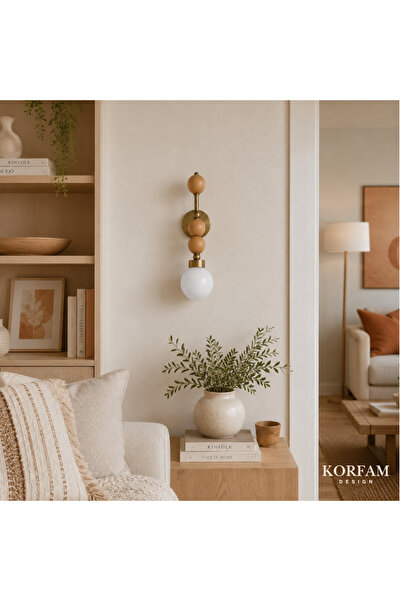 KorFam شمعدان حائط مزخرف بتفاصيل كرة خشبية وتركيبات كهربائية ورأس كروي من زجا...