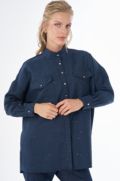 Kayra Double Pocket High Collar Blouse Navy Blue