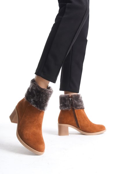 Zapatos Katya Zippered Orthopedic Sole Heeled Suede Women's Boots with Fur Detail - Tan