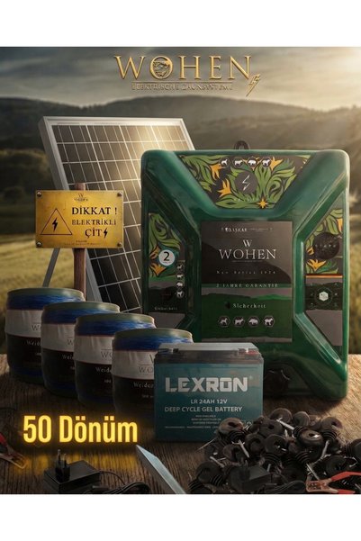 wohen 50 Dönümlük, Ekstra Güçlü Sensörlü Elektrikli Çit Makinesi, 25 w Panel, 24 ah Akü, 2000 Metre Tel ve 200 İzolatör Tam Set.