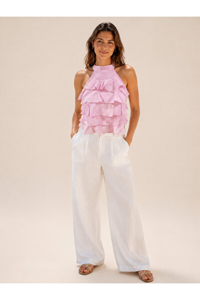 DEEP FAIR Women's Halter Neck Layered Flounce Halter Neck Woven Blouse Dfbz0001