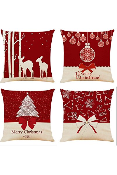 Noonedibs Set de 4 Fețe de Pernă de Crăciun, 45 x 45 cm, Bumbac și In, Model ...