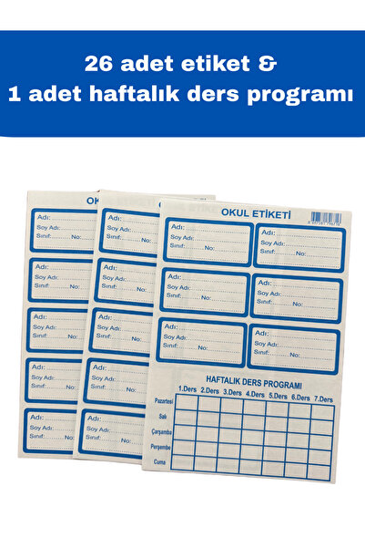 DERSHA Klasik Okul Etiket Seti - 26 Adet Etiket & 1 Adet Haftalık Ders Progra...