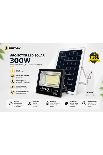 Jortan Ηλιακός Προβολέας LED 300W, IP66, με Ηλιακό Πάνελ και Τηλεχειριστήριο,...