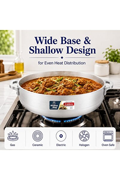Kitchen King Caldero Aluminium Cooking Pot with Lid 38 cm (15.5 Ltr), Heavy-Duty Wide Base, Shallow Casserole for Biryani, Rice, Curry & Stews, Even Heat Distribution, Dishwasher Safe, Silver