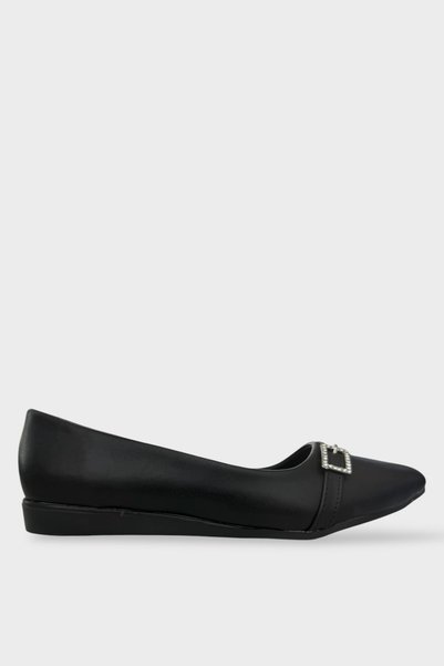 Jagulep Women's Buckle Detail Pointed Toe Ballerina Shoes Black