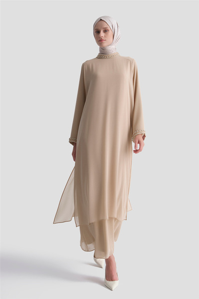 Armine Stylish Dress with Stone Detail Beige