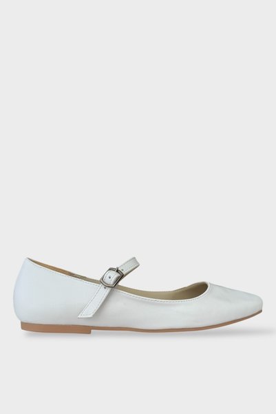 Jagulep Women's Belt Detail Ballerina Shoes White