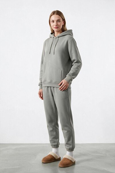ELAFRO Women's Gray 3-Thread Hooded Fleece Lined Sweatpants Set with Side Poc...