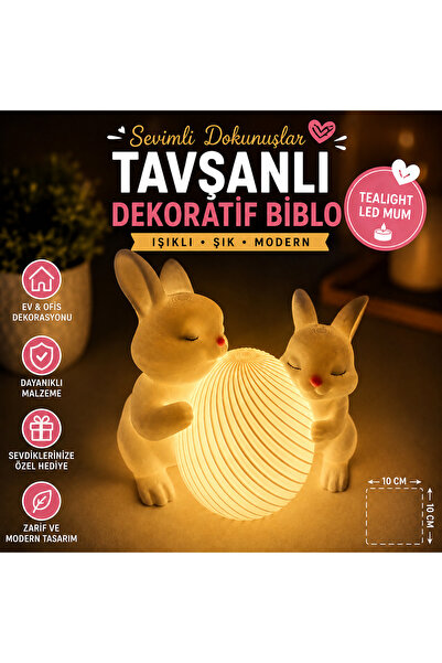 Razmo Tavşanlı Dekoratif Biblo – 10x10 cm | Tealight Led Mum Şık ve Sevimli T...