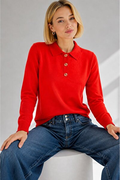 Arbucky Women's Polo Collar Gold Button Detailed Knitwear Sweater
